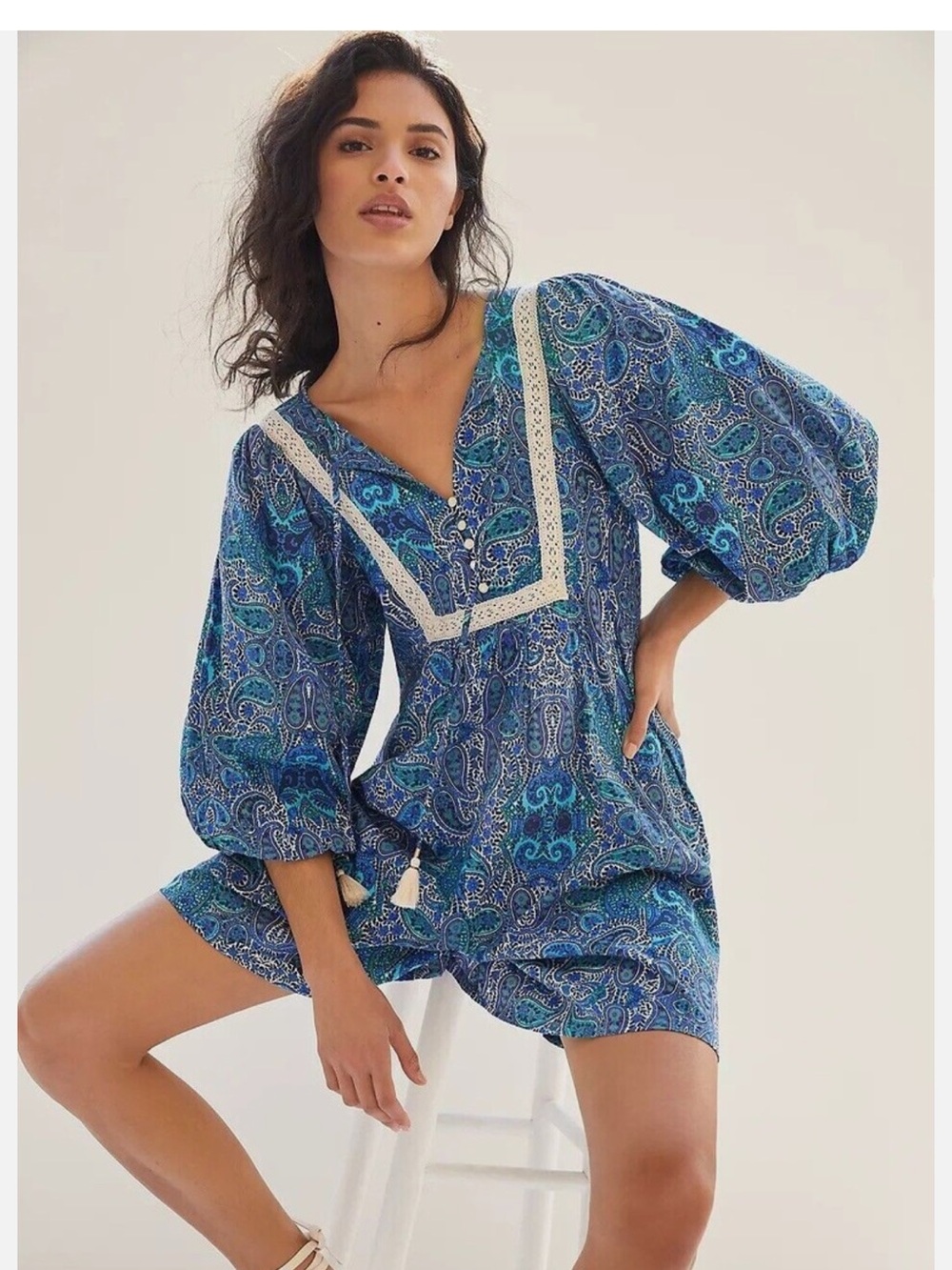 Anthropologie Blue Paisley V-Neck Tunic Romper with Lace Trim